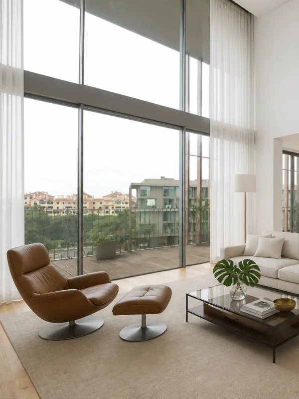 Sala em estilo Modernismo Brasileiro: móveis de madeira, cores quentes e luz âmbar